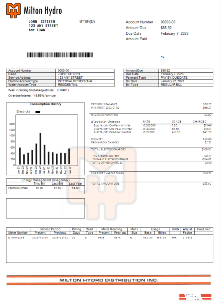 Canada Milton Hydro electricity bill Word and PDF template